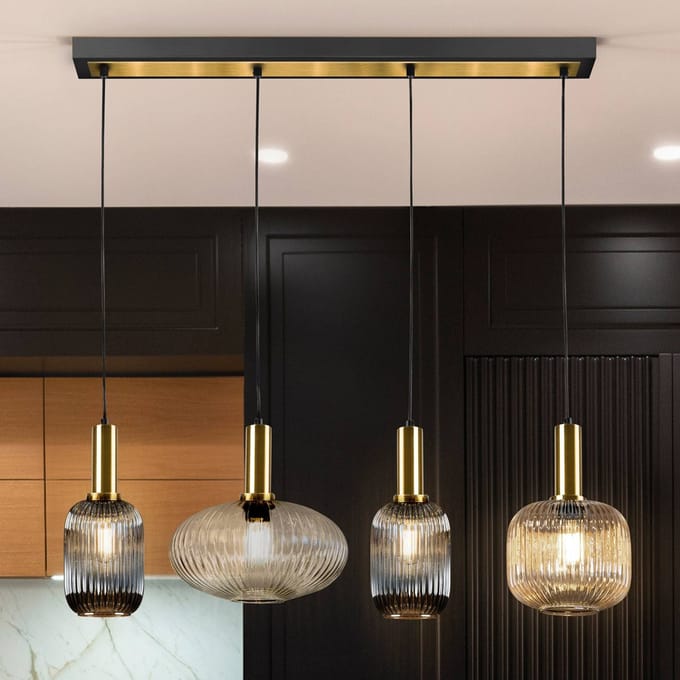 Schuller Valencia Hanglamp Norma, 98 cm, 4-lamps, zwart/messing, glas