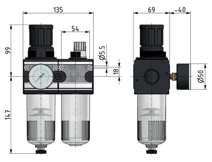 FRL 2-Delig G1/2'' 5800l/min 0.2-6.0bar/3-87psi Semi-Automatisch Polycarbonaat Multifix 2