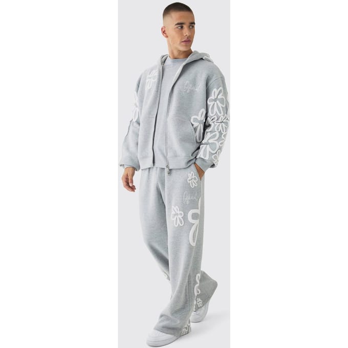 Oversized Boxy Floral Puff Print Zip Through Tracksuit | Grey Marl | Size Medium