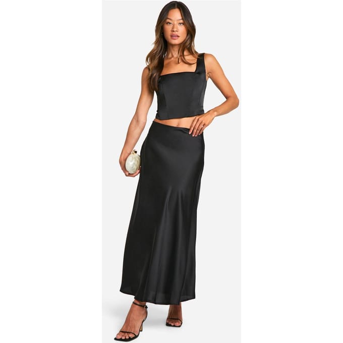 boohoo Dames Tall Satin Slip Midaxi Rok | Black | Maat: 12