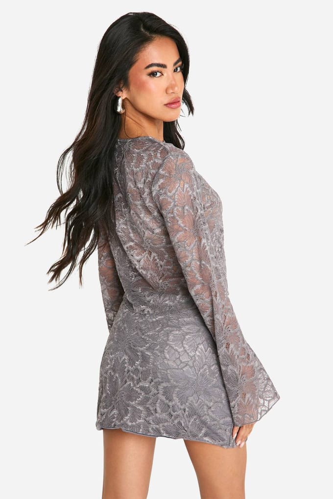 boohoo Dames Kanten mini-rok met geplooide zijkant | Grey | Maat: 14