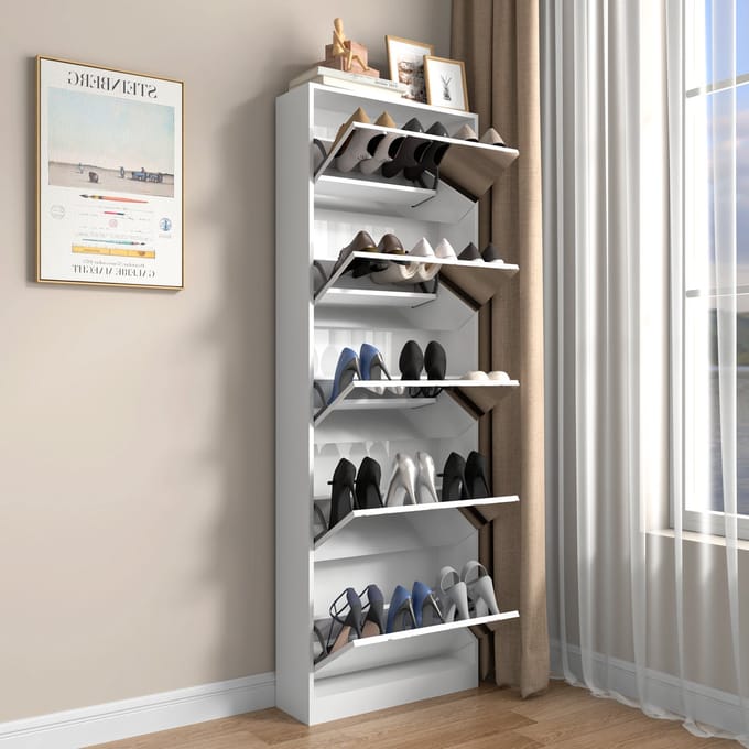 MODFU - Schoenenkast - Met Passpiegel - Ruimtebesparend - Modern - MDF - Wit - 185 Cm