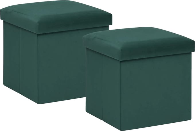 Atmosphera Poef/krukje/hocker Amber - 2x - Opvouwbare zit opslag box - fluweel smaragd groen - D38 x H38 cm - MDF/polyester