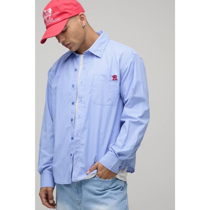 Oversized Gestreept Shirt Met Gebogen Zoom En B-borduursel | Blue | Size Small