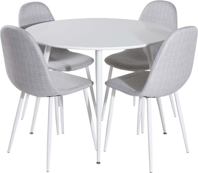 Plaza eethoek tafel wit en 4 Polar stoelen grijs.