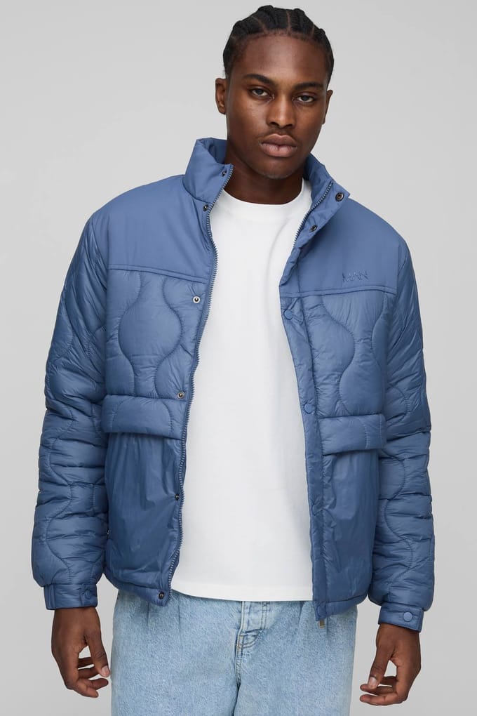 Regular Fit Onion-gequilte Panel Funnel Neck Jacket | Slate Blue | Size Medium