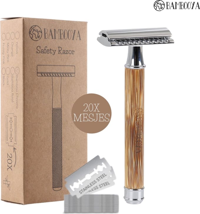 Bambooya Safety Razor RVS + 20 scheermesjes Bamboe unisex voor mannen vrouwen - Double Edge Single Blade - Zero Waste Duurzaam Scheren - Bamboo Chrome
