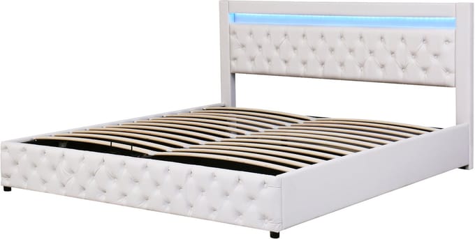 COVREO Stofbed met opbergruimte en LED-verlichting – 180x200 cm – Bedframe met lattenbodem – voor volwassenen – Wit - zonder matras