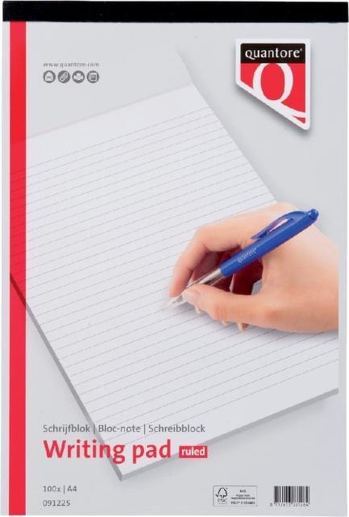 Schrijfblok Notitieblok Quantore Basic A4 Lijn 100 vel - 60Gram