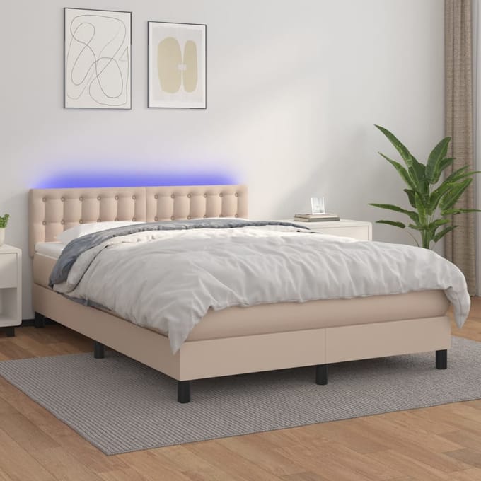 vidaXL - Boxspring - met - matras - en - LED - kunstleer - cappuccinokleur - 140x200cm
