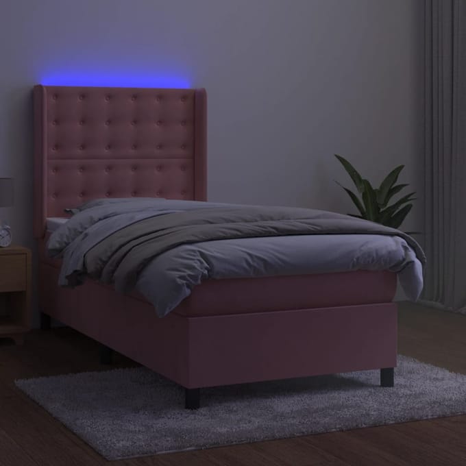 vidaXL - Boxspring - met - matras - en - LED - fluweel - roze - 90x200 - cm