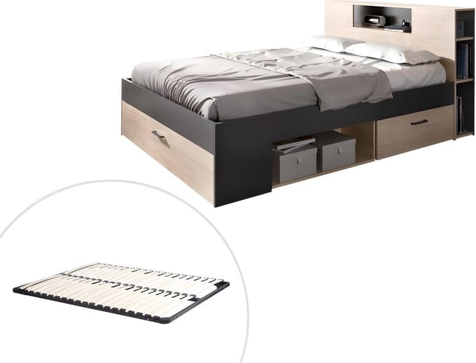 Vente-unique Bedframe hout antracietgrijs, natuurlijk licht 160 x 200 cm