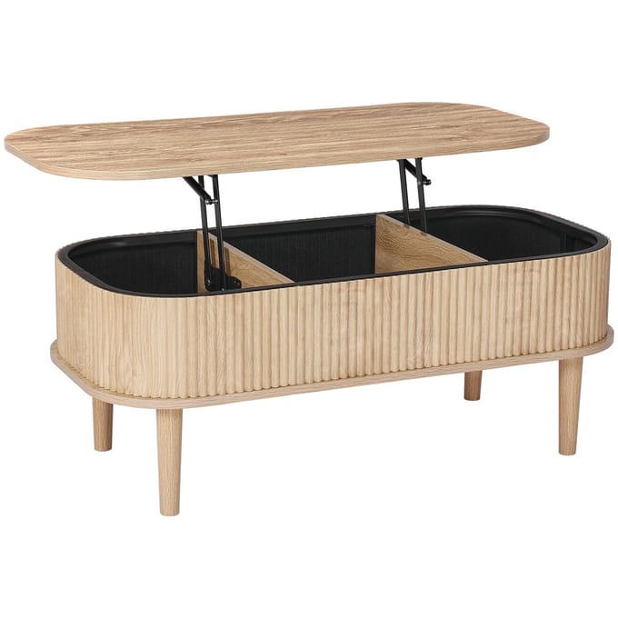 1000 mm Koffietafel met Verhoogbaar Blad, Geribbelde Ovalen Koffietafel met 3 Verborgen Compartimenten, Houten Ovalen Salontafel in Mid-Century Stijl met Opbergruimte, Verhoogbaar Tafelblad