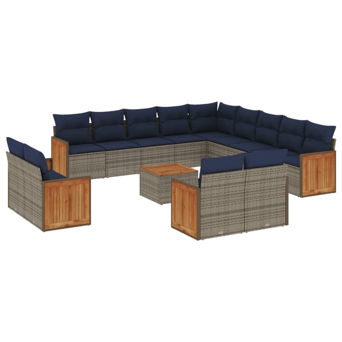 vidaXL - 14-delige - tuinbankset - met - kussens, - grijs - polyrotan