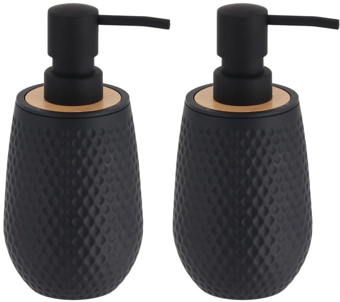 Tendance zeeppomp honeycomb - 2x - zwart - 280 ml - D8 x H17 cm - rubber/bamboe - zeep dispenser