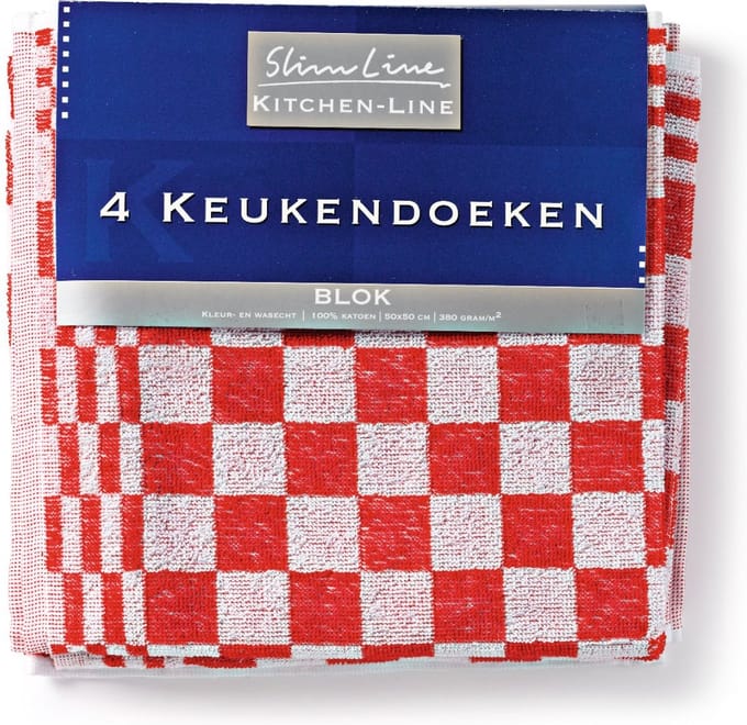 Slimline Keukendoeken design Blok rood 50 x 50 cm - Pak 4 stuks
