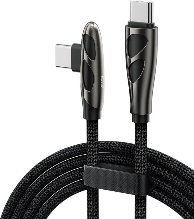 DrPhone PowerLink E240 – USB-C naar USB-C Oplaadkabel - 240W – PD 3.1 – E-marker chip - 90° Elleboog Datakabel – Ondersteunt CarPlay iPhone - 2 Meter