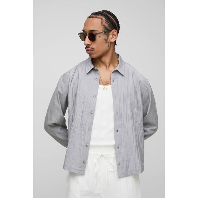 Regular Fit Crinkle Cotton Long Sleeve Shirt | Light Grey | Size Medium
