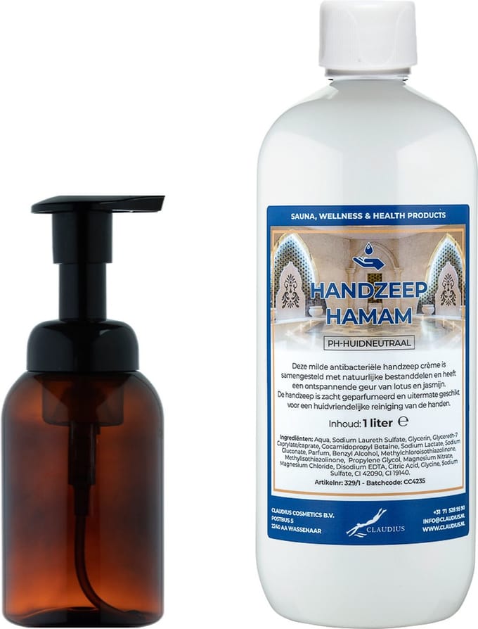 Zeepdispenser 300 ml amber bruin hervulbaar + 1 liter Handzeep Hamam navulling