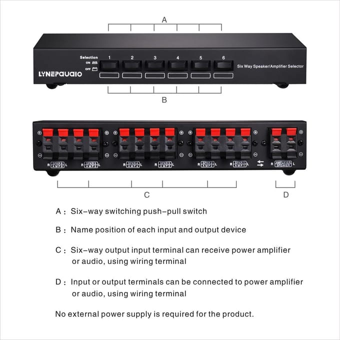 LINEPAUDIO Professionele 6-paars enkele bron luidsprekerselector bidirectionele verbinding stereo zwart