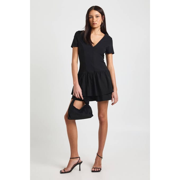 boohoo Dames Bengaline V-hals Gerimpelde Rok Mini Jurk | Black | Maat: 14
