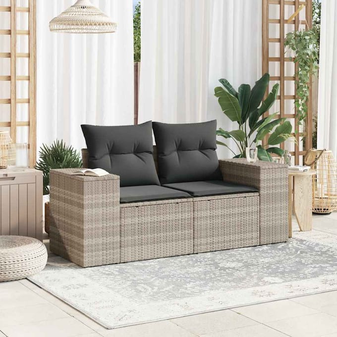 vidaXL - Tuinbank - 2-zits - met - kussens - poly - rattan - lichtgrijs