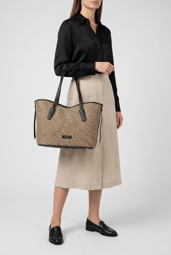 COCCINELLE Leren Shopper Schoudertas New Never Without Bag Bicolor Straw Handbag Multi Noir / Noir Beige