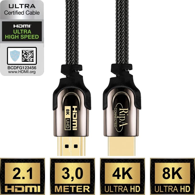 Ripa Connected HDMI Kabel 2.1 - 3M - Ultra HD 4K 8K eARC - HDMI naar HDMI - PS4 PS5