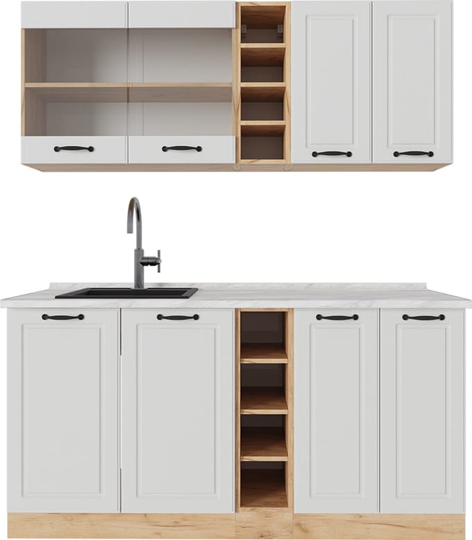 Vicco R-Line Eenpersoonskeuken – 160 cm, WB Marmer Wit landhuis/gouden eik