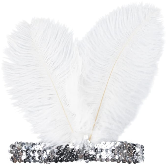 Charleston hoofdband – zilver met witte veren