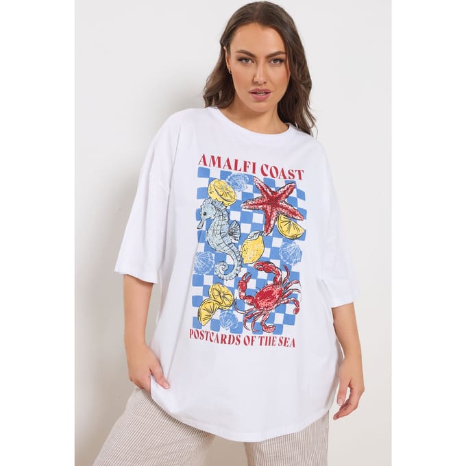 Yours Wit Boxy Tshirt Met 'Amalfi Coast' Versiering Size 42
