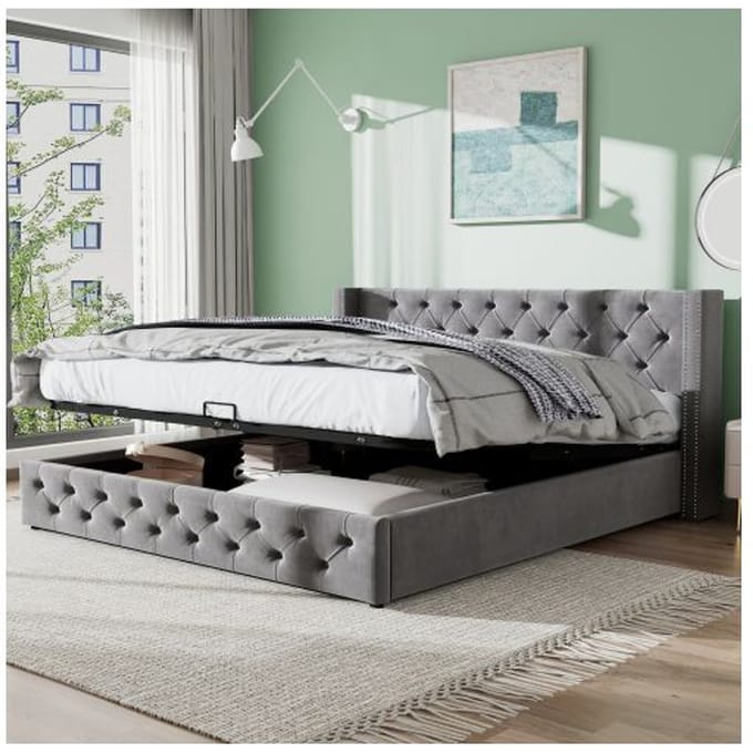 Lit capitonné - MUVOE - 160x200 - Gris - Tête haute - Rangement intégré gris