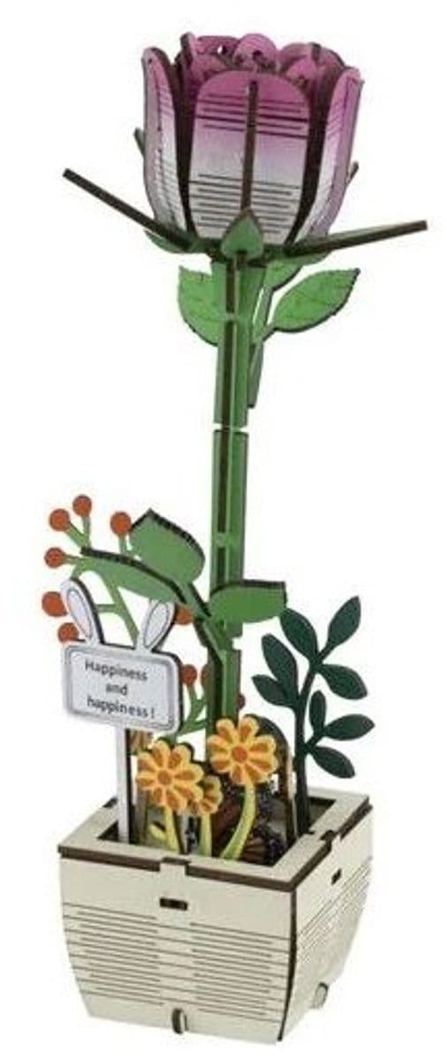 Houten 3D Puzzel - Bloem - Roos met Sjablonen – Creatieve Knutselset