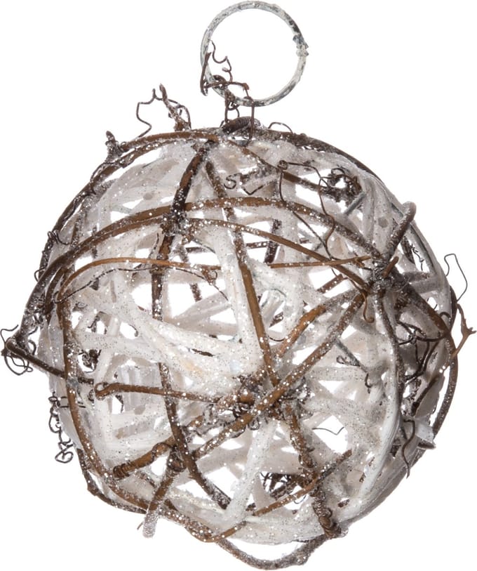 JJA - Kerstbal van rotan met glitter 7,5 cm wit hout