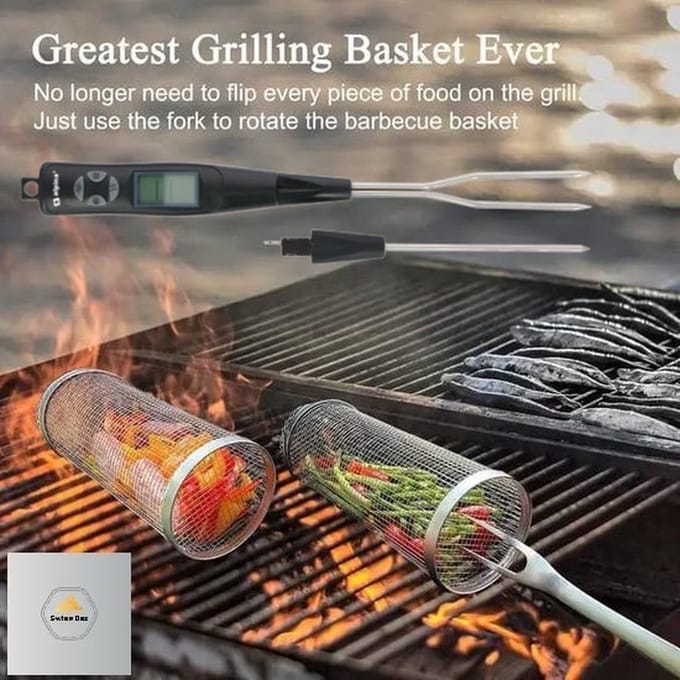 SwissBex 30 cm Grillmand en Multifunctionele BBQ Thermometer Set met Vleesvork 2.0