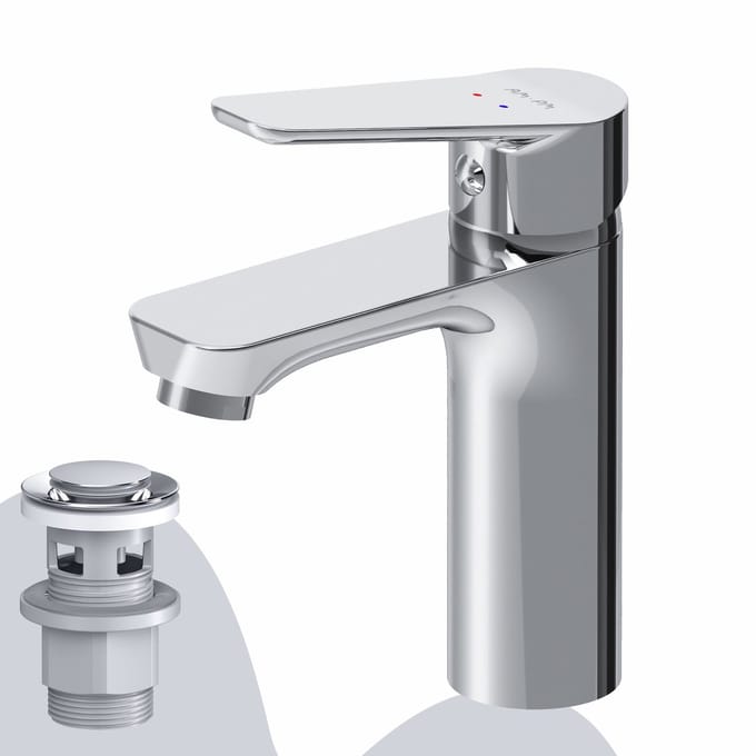 AM.PM Hit - Wastafelkraan met push-open waste set S-Size - Waterbesparend - Messing - Chroom