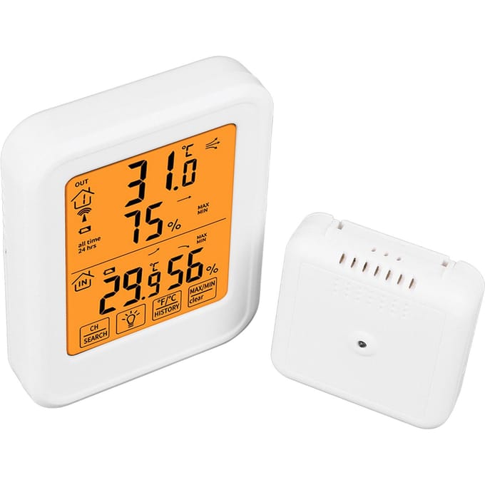 1 op 1 Draadloze Hygrometer Thermometer LCD Achtergrondverlichting Waterdicht Touchscreen Temperatuur Vochtigheid orange
