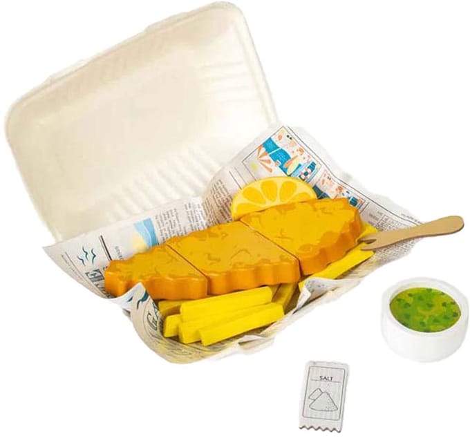BigJigs houten speelgoed Fish and Chips speelset voor kinderen.
