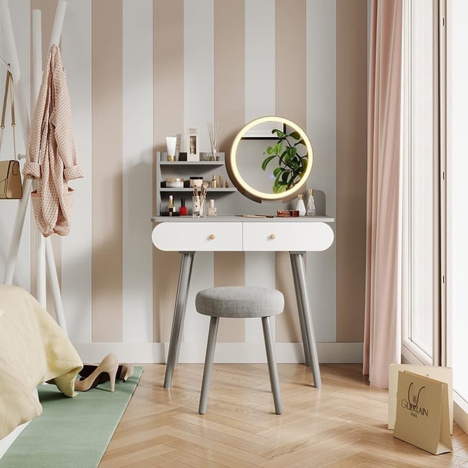 Kaptafel Set - Make-up Tafel - Dagelijkse Verzorging - Geïntegreerde LED Spiegel - 80 cm Breed - Grijs