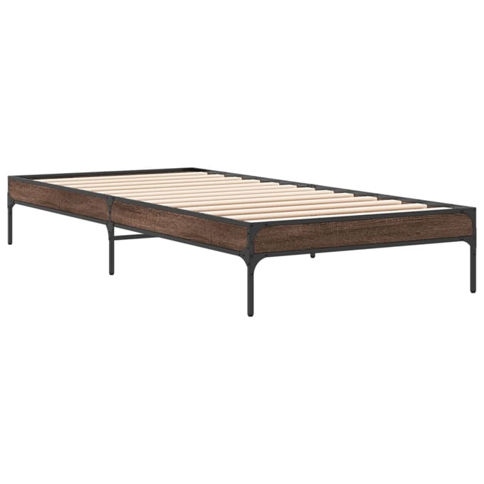vidaXL - Bedframe - bewerkt - hout - en - metaal - bruin - eikenkleurig - 90x190 - cm