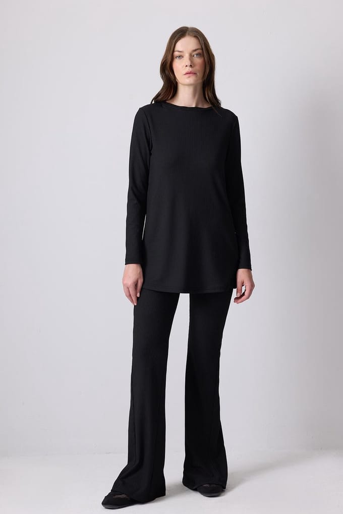 Touché Privé - Gebreide set van geribde tuniek ve broek - Zwart - Dames