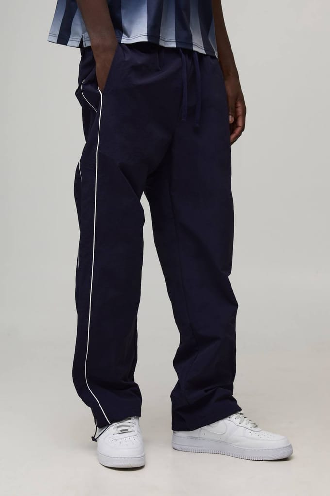 Relaxed Fit Nylon Piping Detail Track Pants | Navy | Size Medium