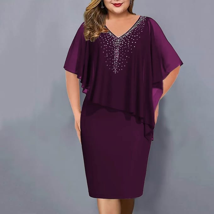 Dames Plus Size V-hals Overlay Asymmetrische Biljurk Chiffon Pailletten Jurk 4XL wijnrode kleur