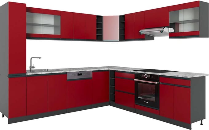 Vicco Hoekkeuken R-Line, Rood/Antraciet, 277 x 257 cm J-Shape, WB Marmer