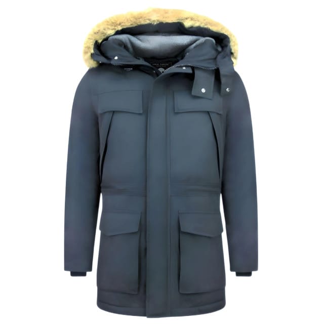 Lange Jas Heren - Winterjas Heren Bontkraag - Blauwe Jas