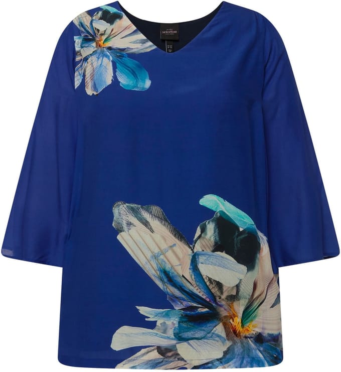Ulla Popken - Dames - Blouse bloemen oversized V-hals 3/4-klokmouwen - Donker saffier - Maat 46+