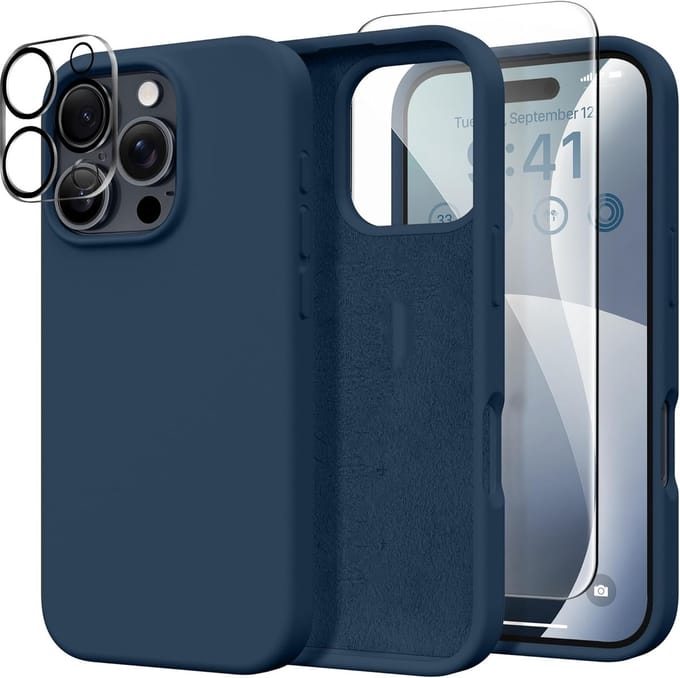 Solid hoesje Soft Touch Liquid Silicone Flexible TPU Rubber + Screenprotector - Camera Lens - Geschikt voor: iPhone 16 Pro Max - Navy Blauw
