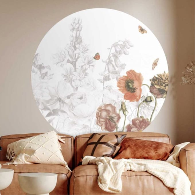 Behangcirkel 125cm Bloemenveld schets kleur - Wallz