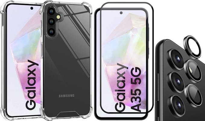 Hoesje geschikt voor Samsung Galaxy A35 - Screenprotector Volledig Dekkend Glas & Camera Protector - Shockproof Transparant