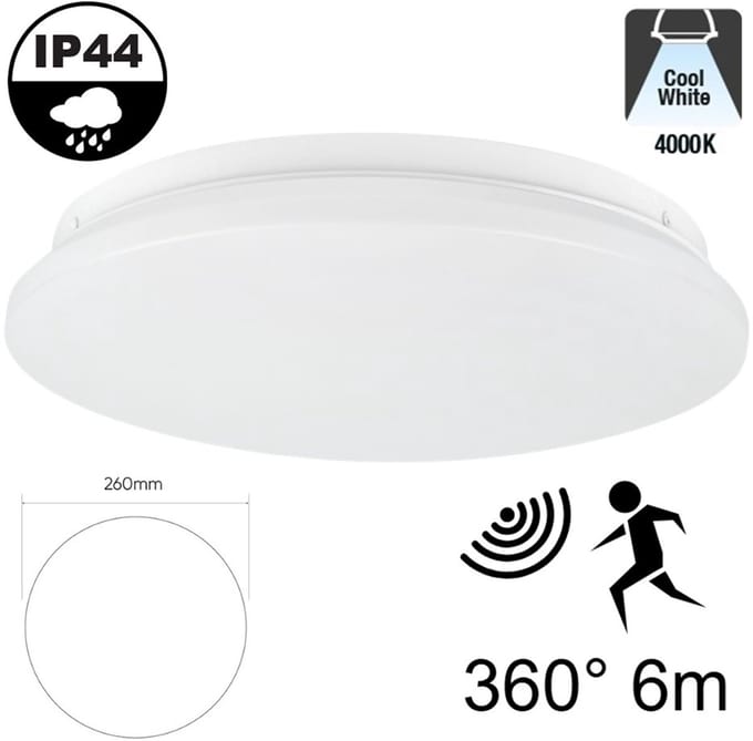 Led Plafonnière 12w met Bewegingssensor | 960 Lumen | 4000K Neutraal Wit | IP44 | Ø260mm